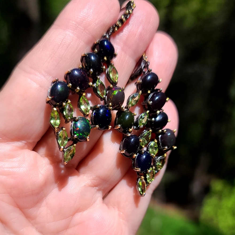 Black Opal & Peridot sterling & Rhodium chandelier earrings - Picture 13 of 13